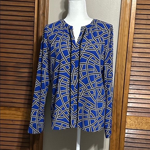 Calvin Klein Blue and White Patterned Blouse - Picture 1 of 7